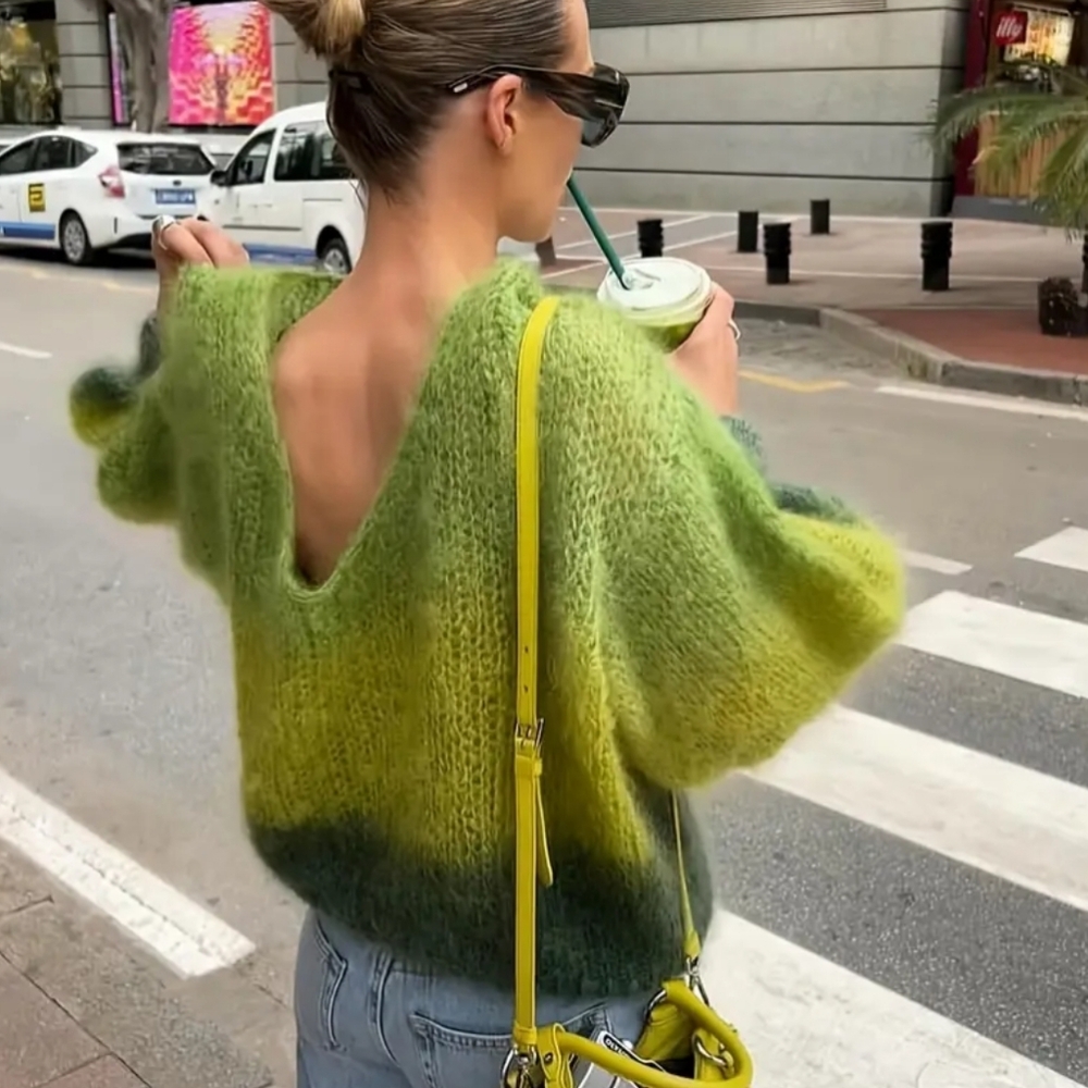 Elegant French-Inspired Women's Ombre V-Neck Sweater | Backless Design, Green - Picture 6 of 6